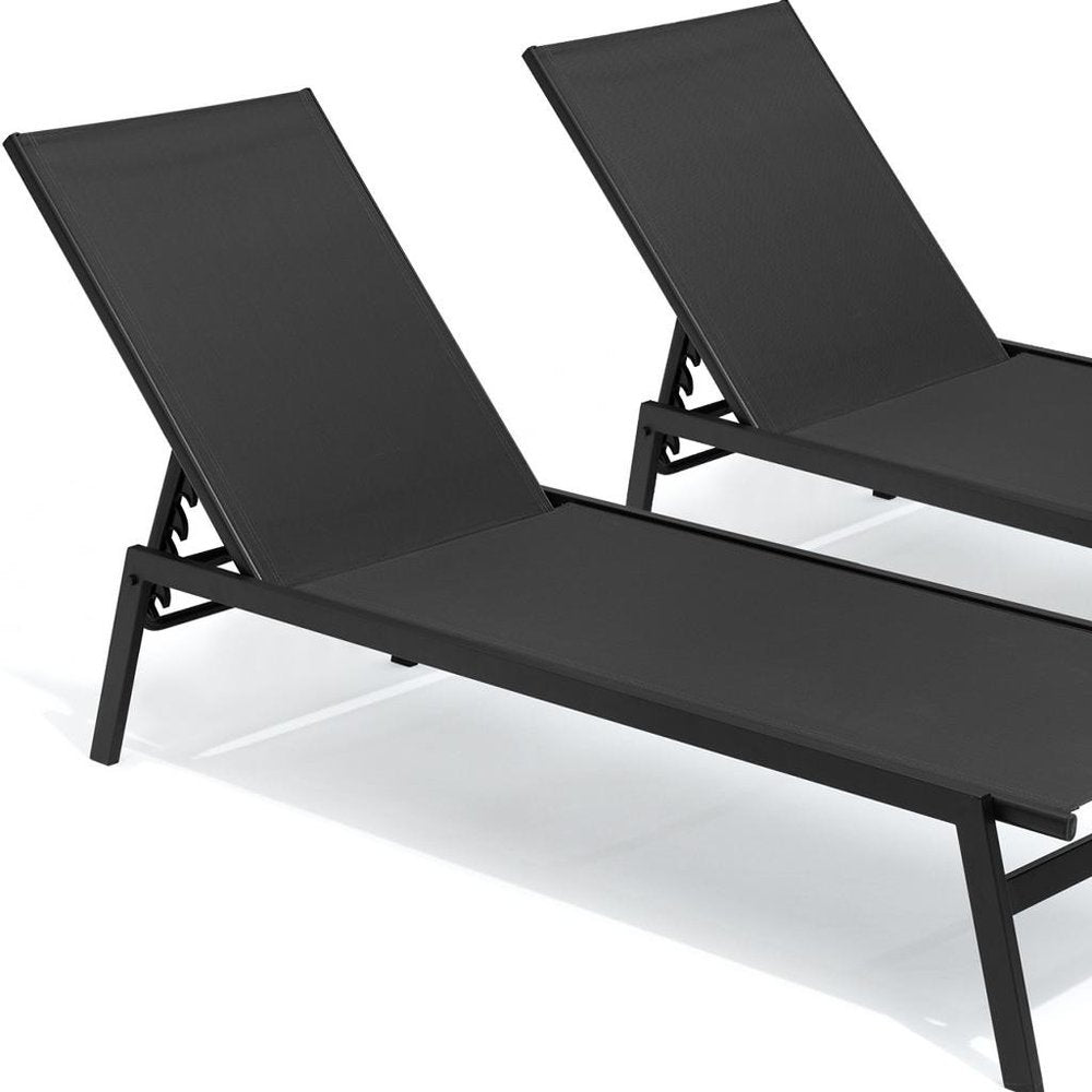 Set of Two Black Aluminum Five Position Adjustable Outdoor Stacking Chaise Lounges