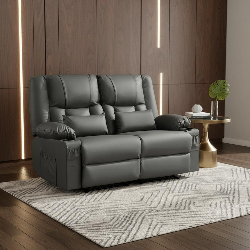 62" Black Faux Leather Reclining Loveseat With Storage and Toss Pillows