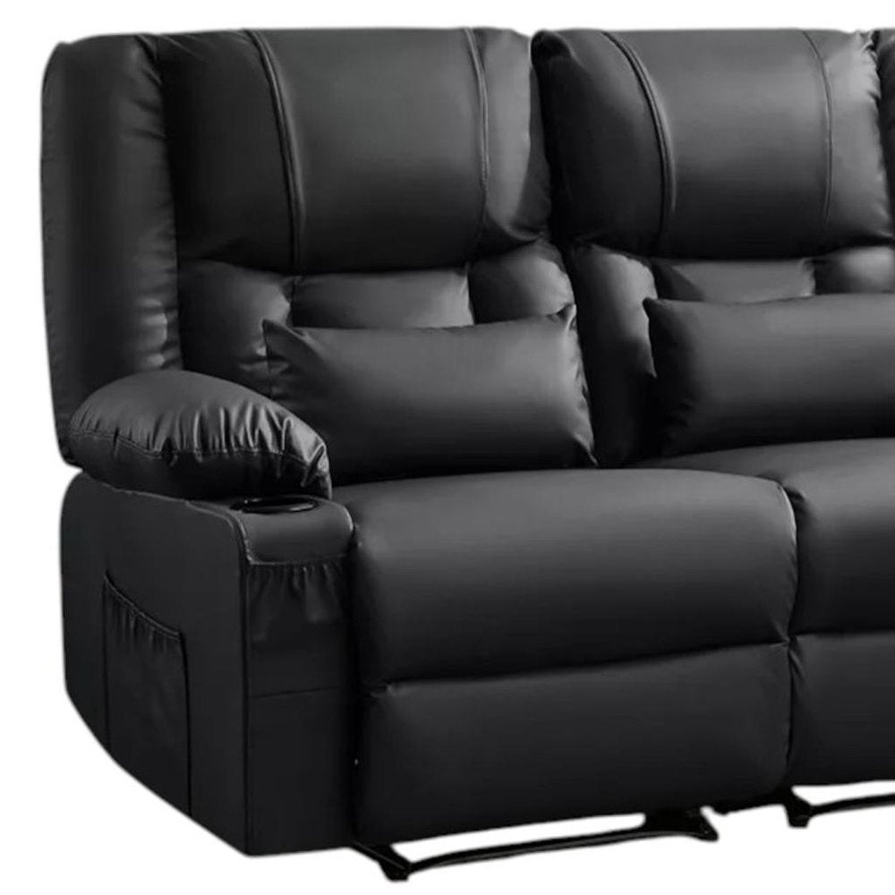 62" Black Faux Leather Reclining Loveseat With Storage and Toss Pillows
