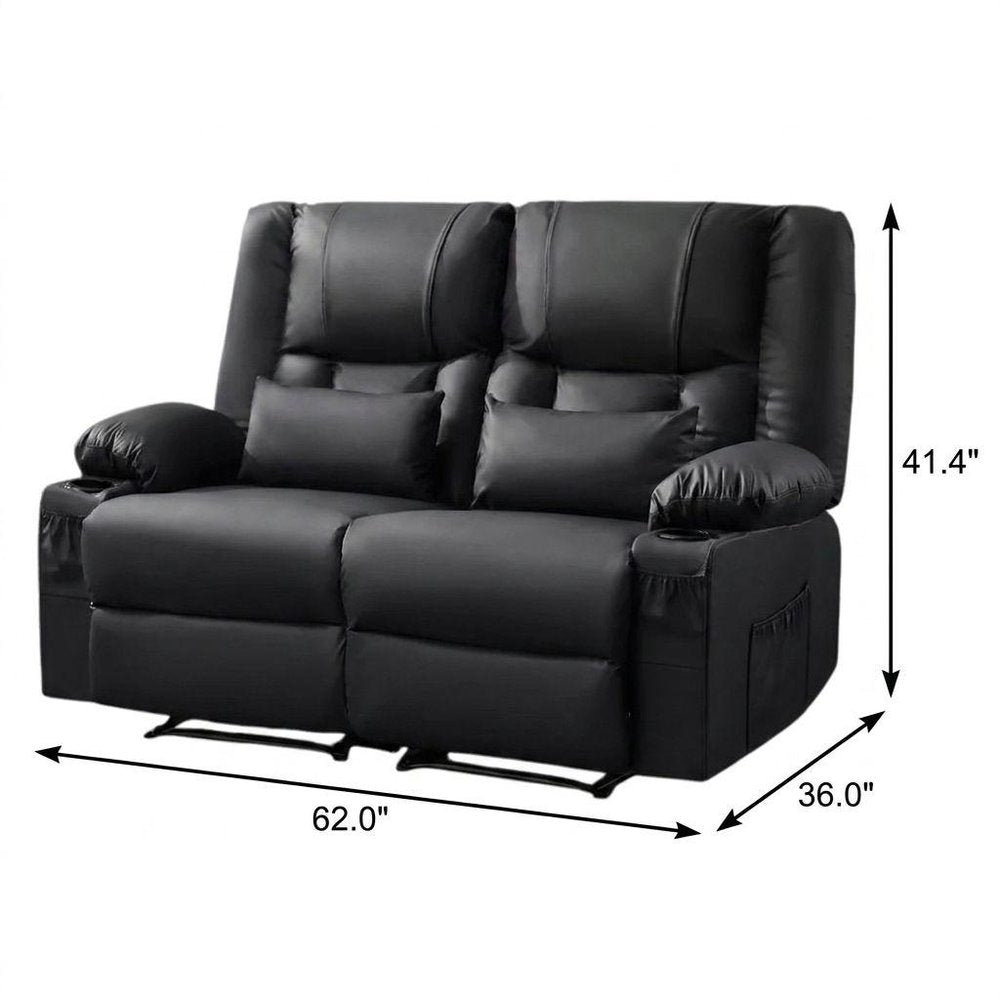62" Black Faux Leather Reclining Loveseat With Storage and Toss Pillows