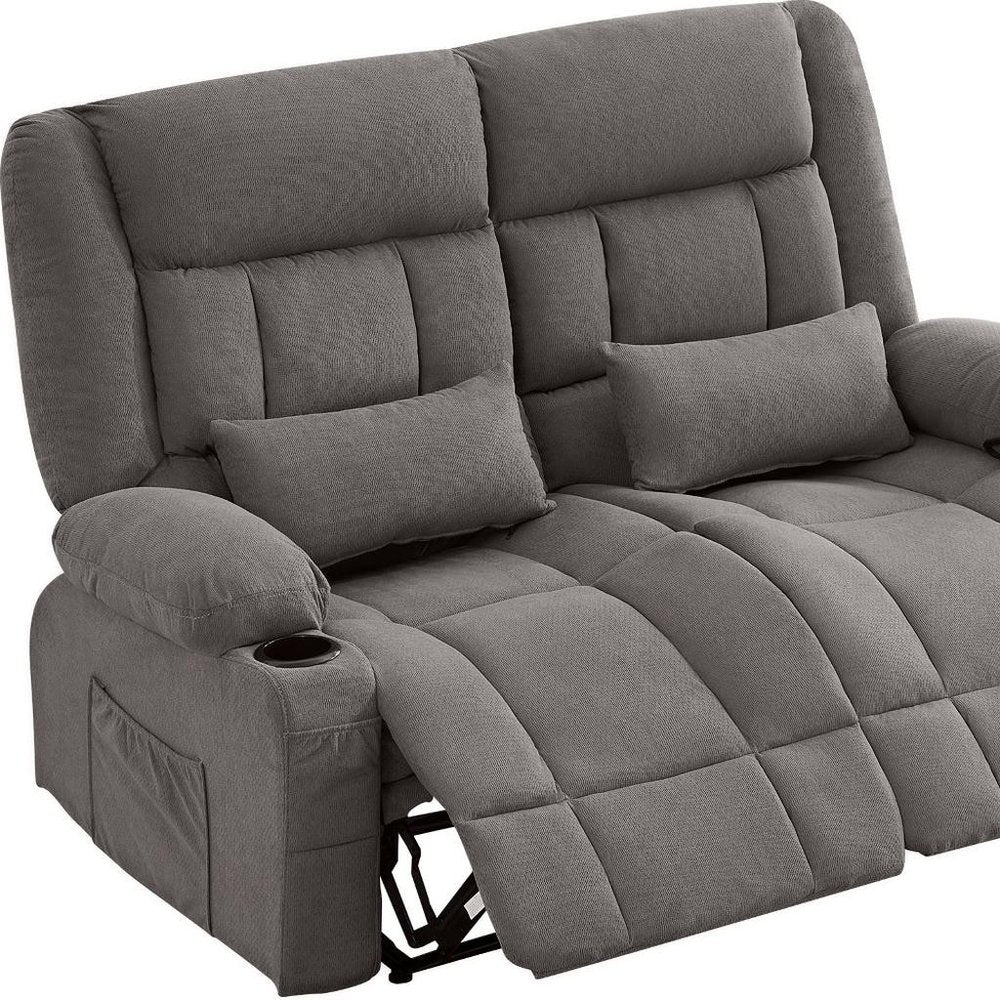 47" Gray Microfiber Manual Reclining Loveseat With Storage and Toss Pillows