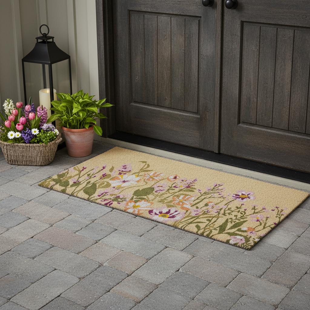 18" X 40" Brown Green And Purple Floral Outdoor Coir Door Mat