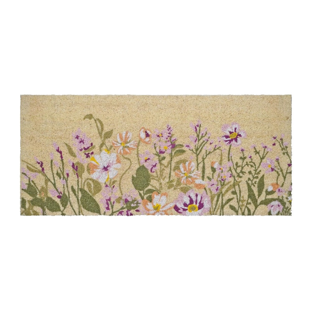 18" X 40" Brown Green And Purple Floral Outdoor Coir Door Mat