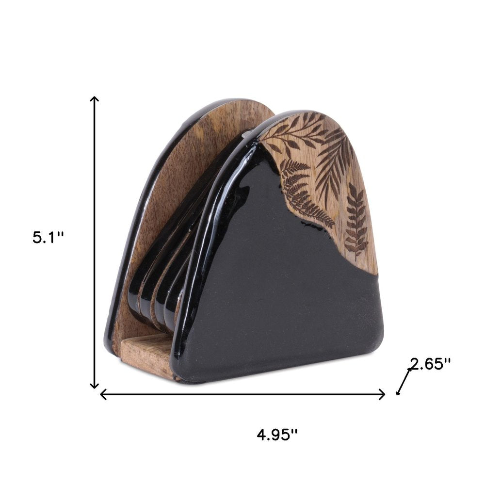 Set of Five Black Solid and Manufactured Wood Coaster Set with Holders With Stand