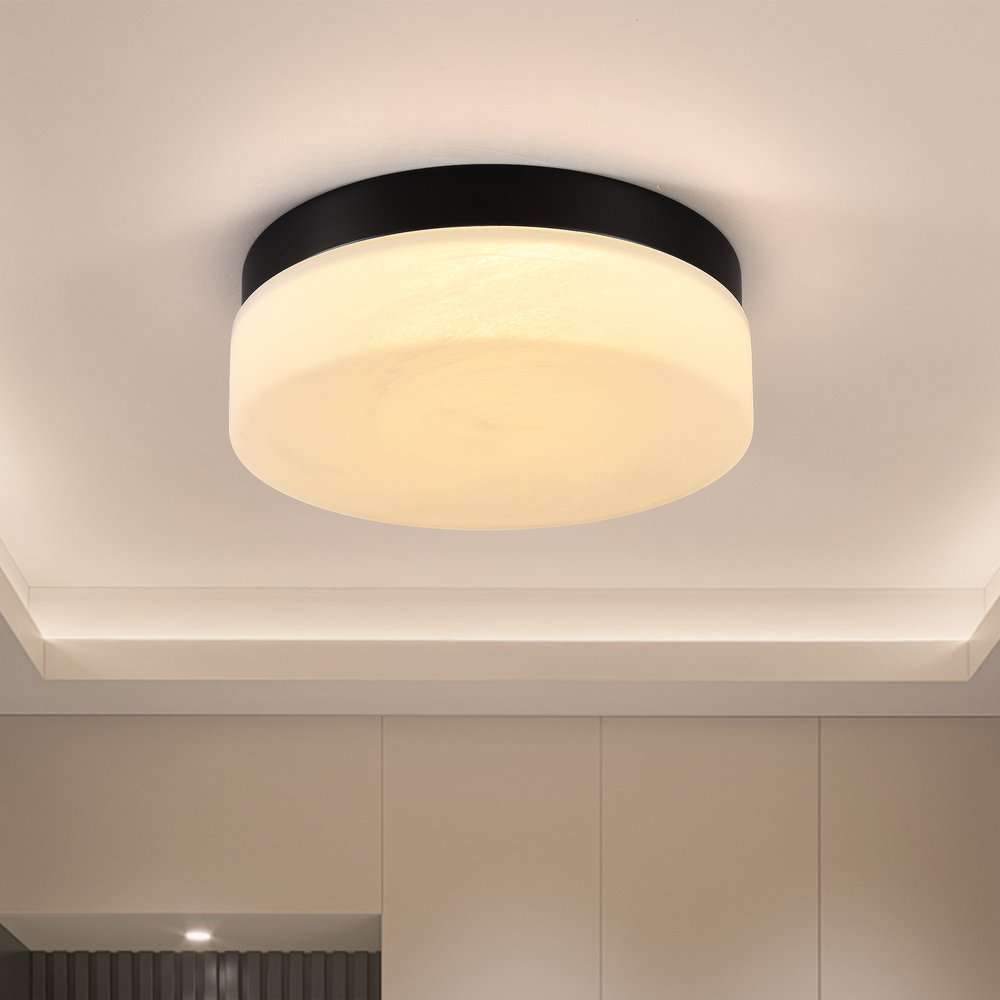11" Black Metal And Frosted Glass Flush Mount Ceiling Light