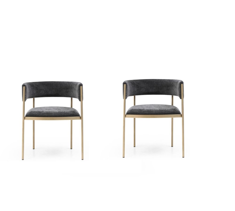 Set of Two Charcoal and Gold Velvet Partially Open Back Dining Arm Chairs