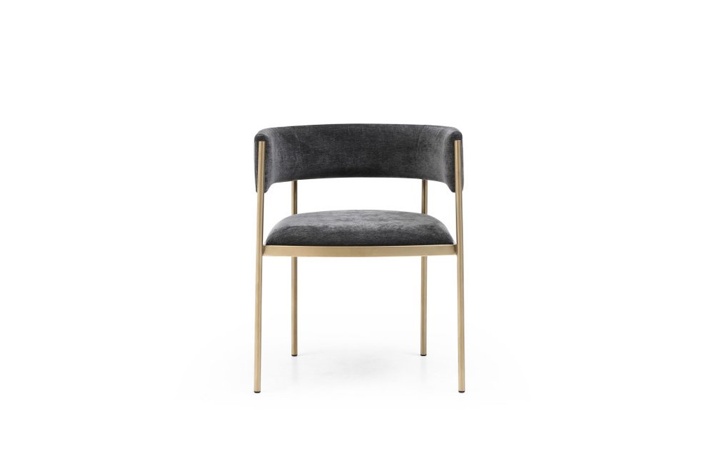 Set of Two Charcoal and Gold Velvet Partially Open Back Dining Arm Chairs