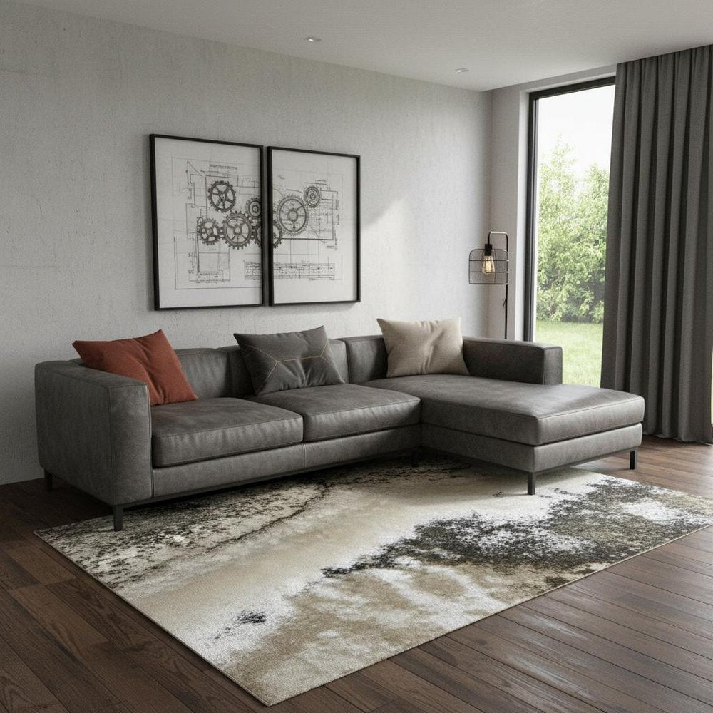 9' X 13' Black And Ivory Abstract Area Rug