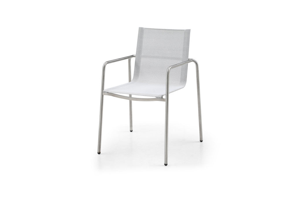 Set of Four Light Gray Steel Sling Outdoor Arm Chairs