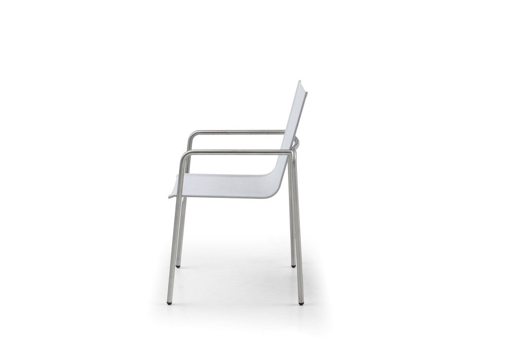 Set of Four Light Gray Steel Sling Outdoor Arm Chairs