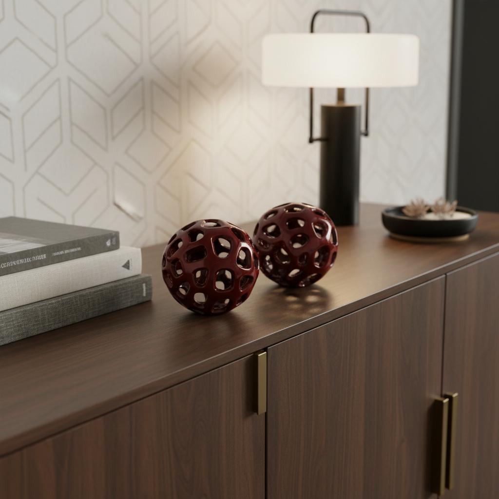 Set of Two Red Aluminum Hand Painted Decorative Orbs