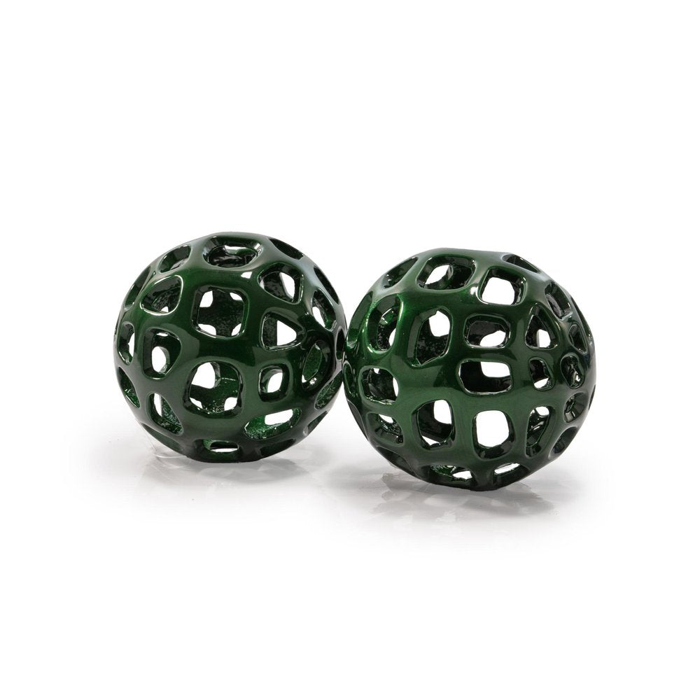 Set of Two Green Aluminum Hand Painted Decorative Orbs