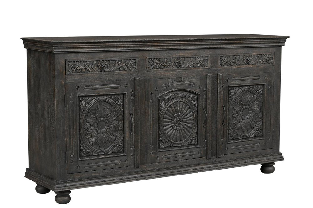 81" Black Distressed Solid Wood Carved Floral Three Drawer Sideboard With Three Doors