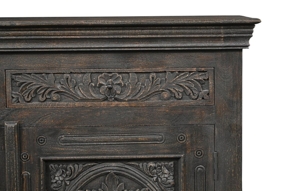 81" Black Distressed Solid Wood Carved Floral Three Drawer Sideboard With Three Doors