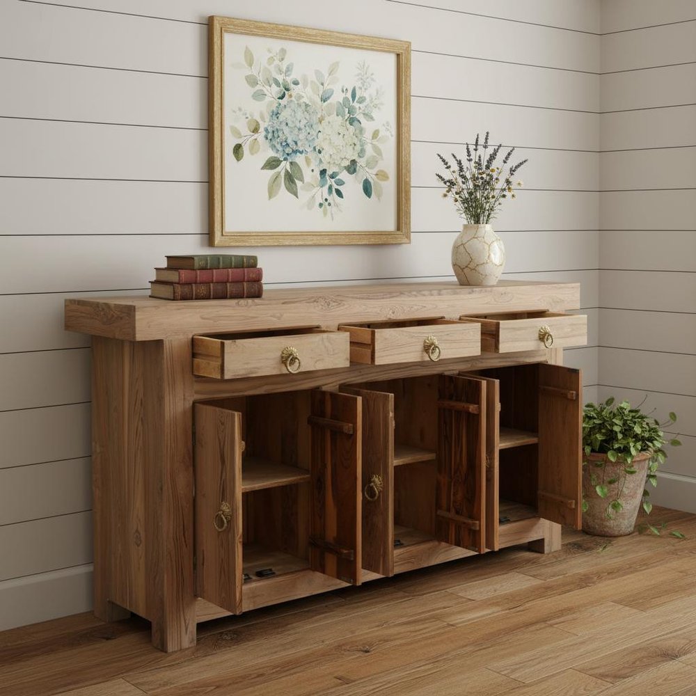 72" Brown Solid Wood Paneled Three Drawer Sideboard With Six Doors