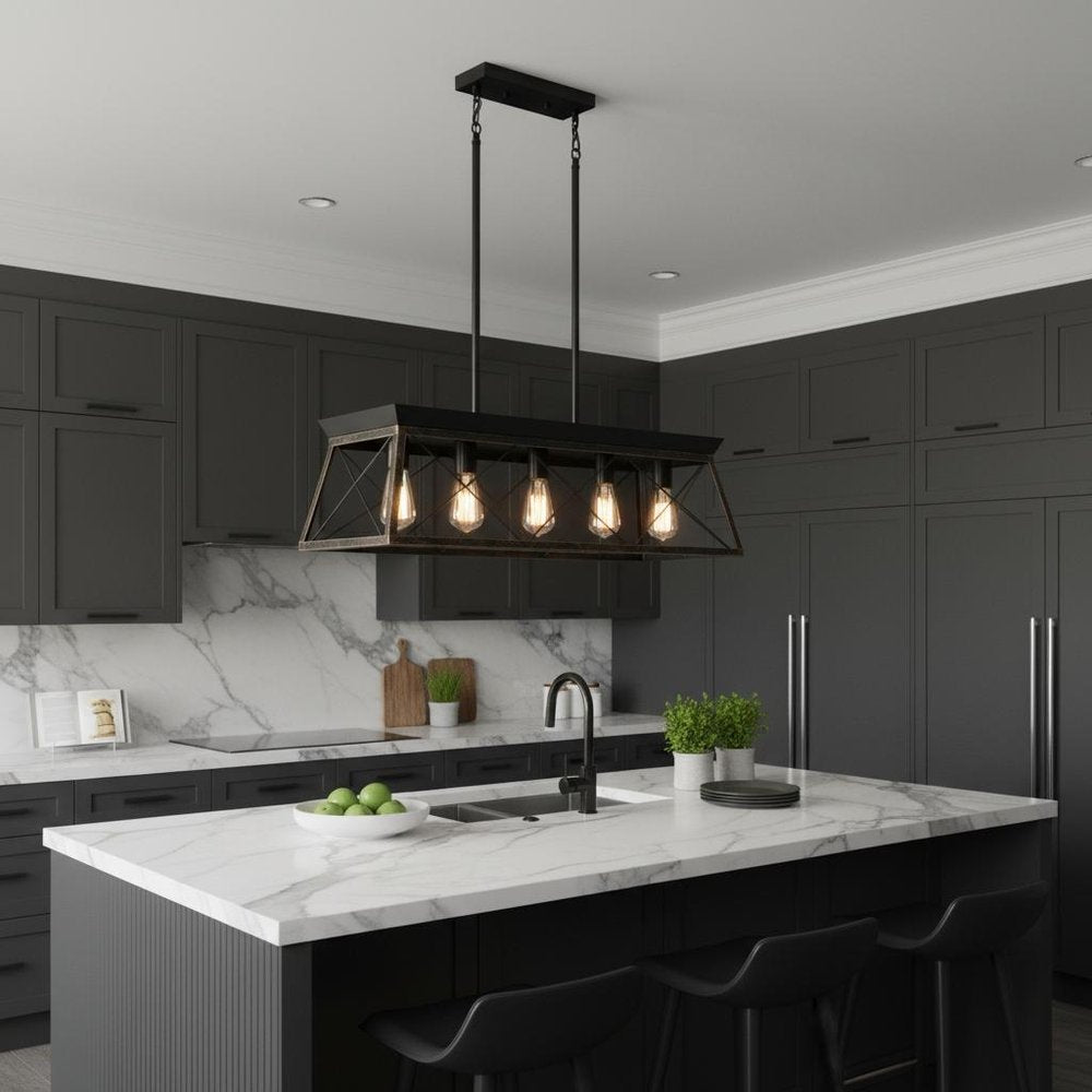 Black Geometric Kitchen Island Five Light Metal Ceiling Light