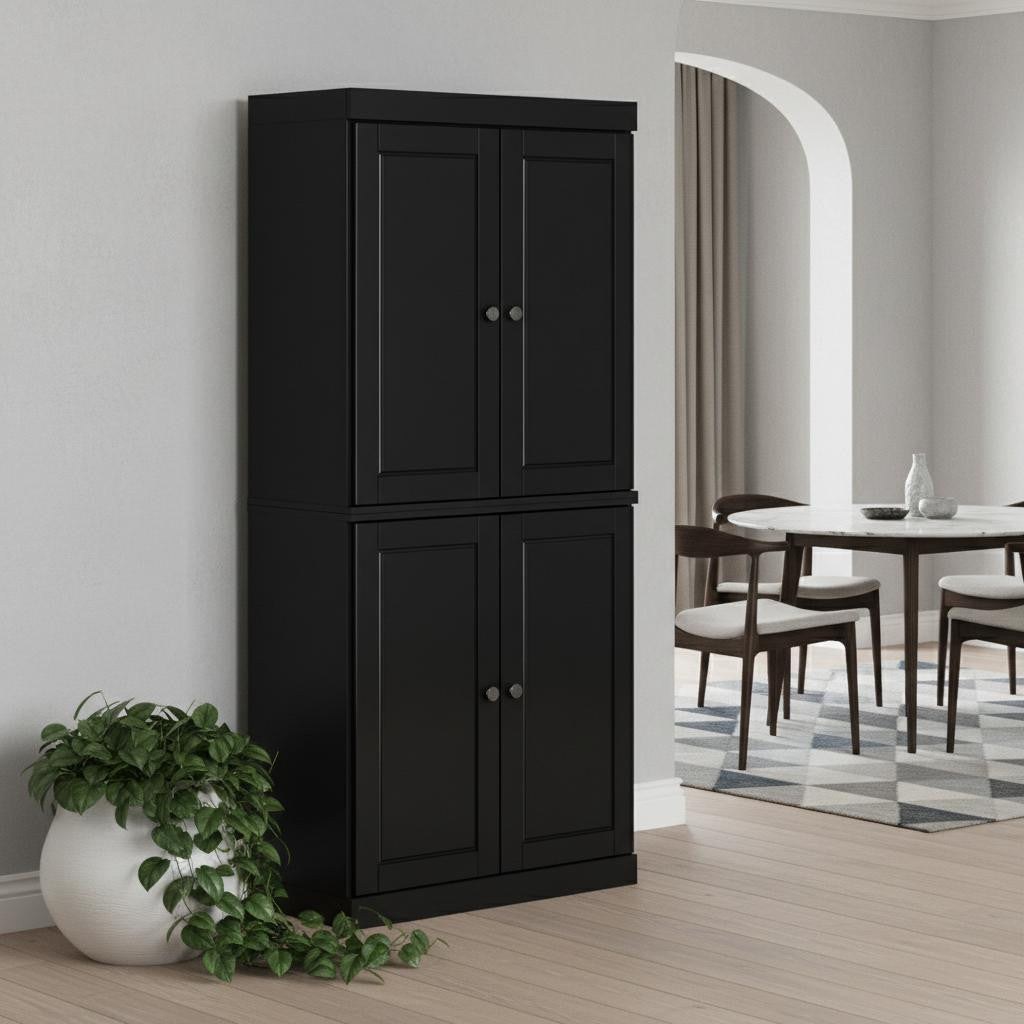 72" Black Solid Wood Four Door Pantry Or Storage Closet