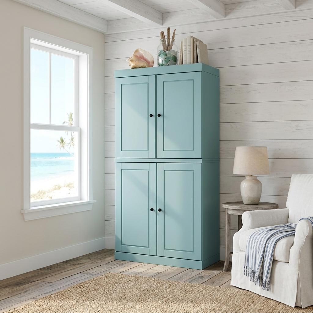 72" Aqua Solid Wood Four Door Pantry Or Storage Closet