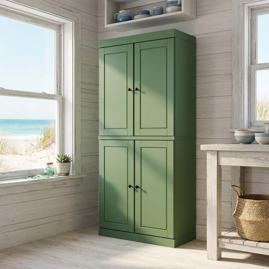 72" Green Solid Wood Four Door Pantry Or Storage Closet