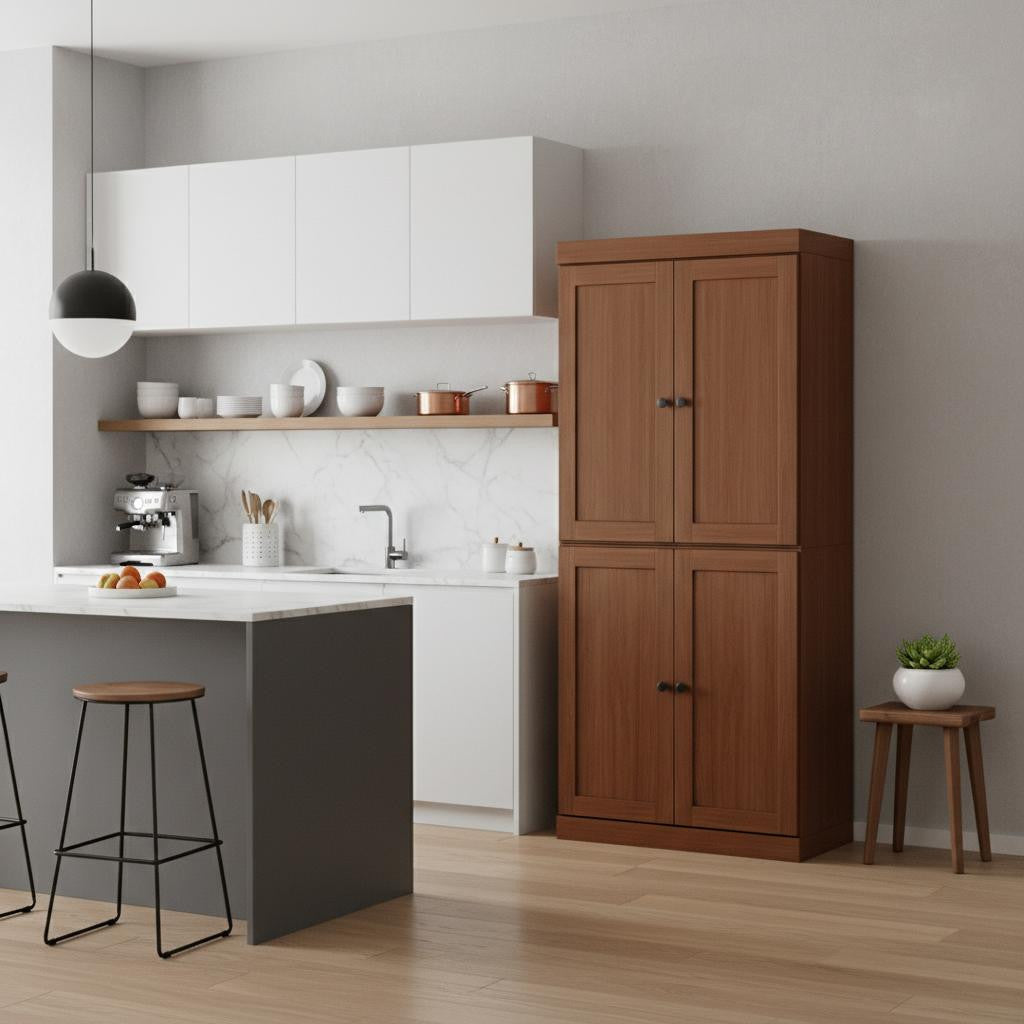 72" Brown Solid Wood Four Door Pantry Or Storage Closet