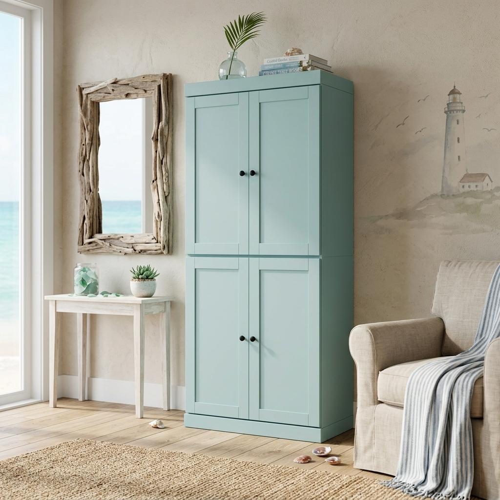 72" Aqua Solid Wood Four Door Pantry Or Storage Closet