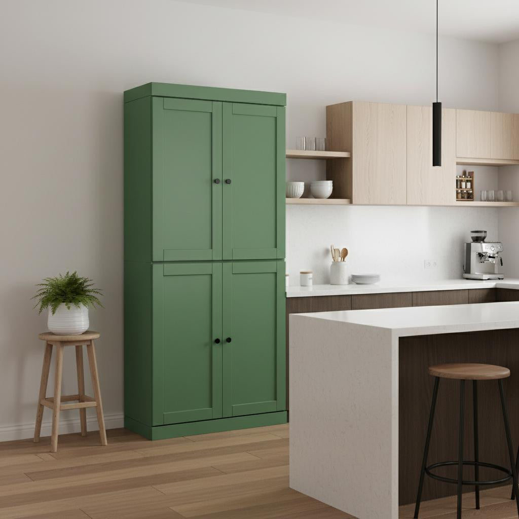 72" Green Solid Wood Four Door Pantry Or Storage Closet