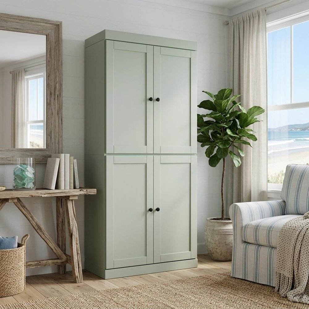 72" Teal Blue Solid Wood Four Door Pantry Or Storage Closet