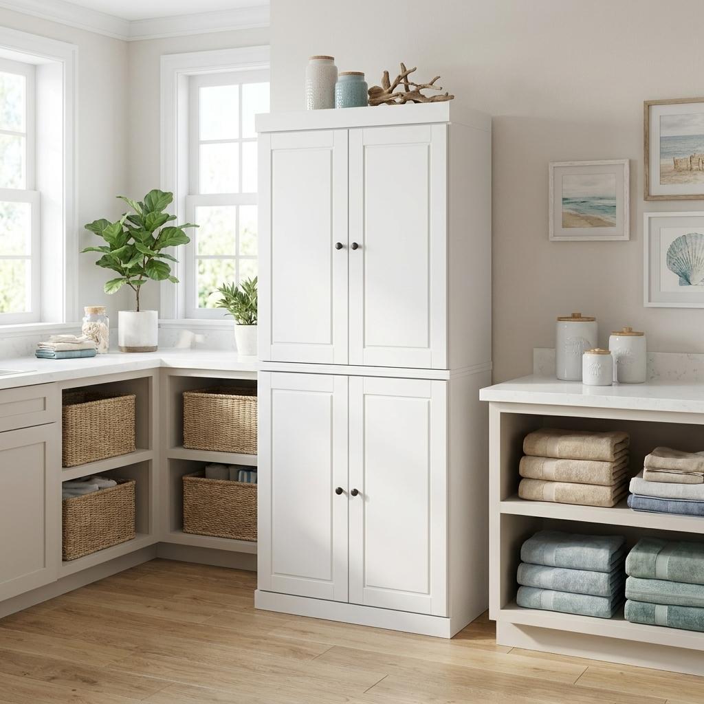 72" White Solid Wood Four Door Two Drawer Pantry Or Storage Closet