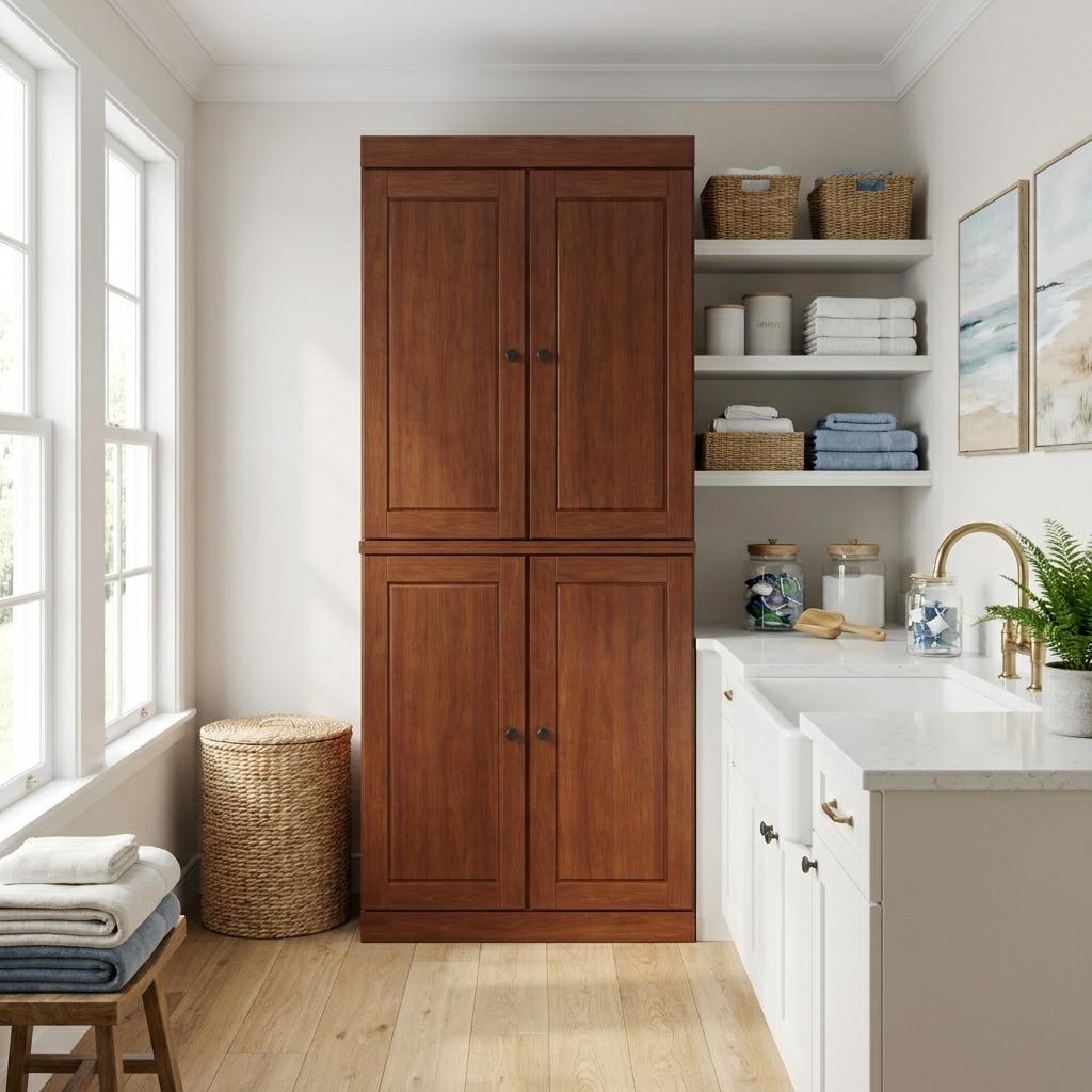 72" Coffee Solid Wood Four Door Two Drawer Pantry Or Storage Closet