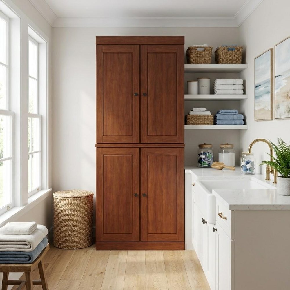72" White Solid Wood Four Door Two Drawer Pantry Or Storage Closet