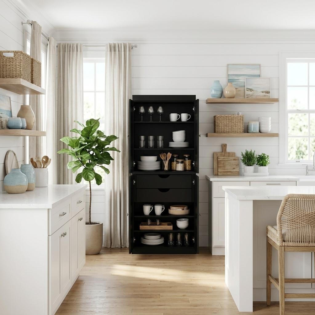72" Black Solid Wood Four Door Two Drawer Pantry Or Storage Closet