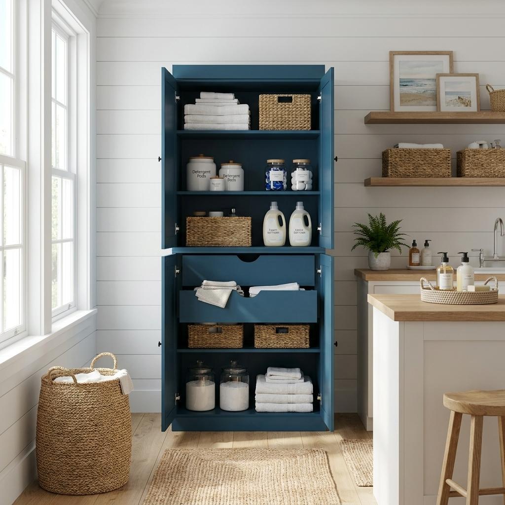 72" Teal Blue Solid Wood Four Door Two Drawer Pantry Or Storage Closet