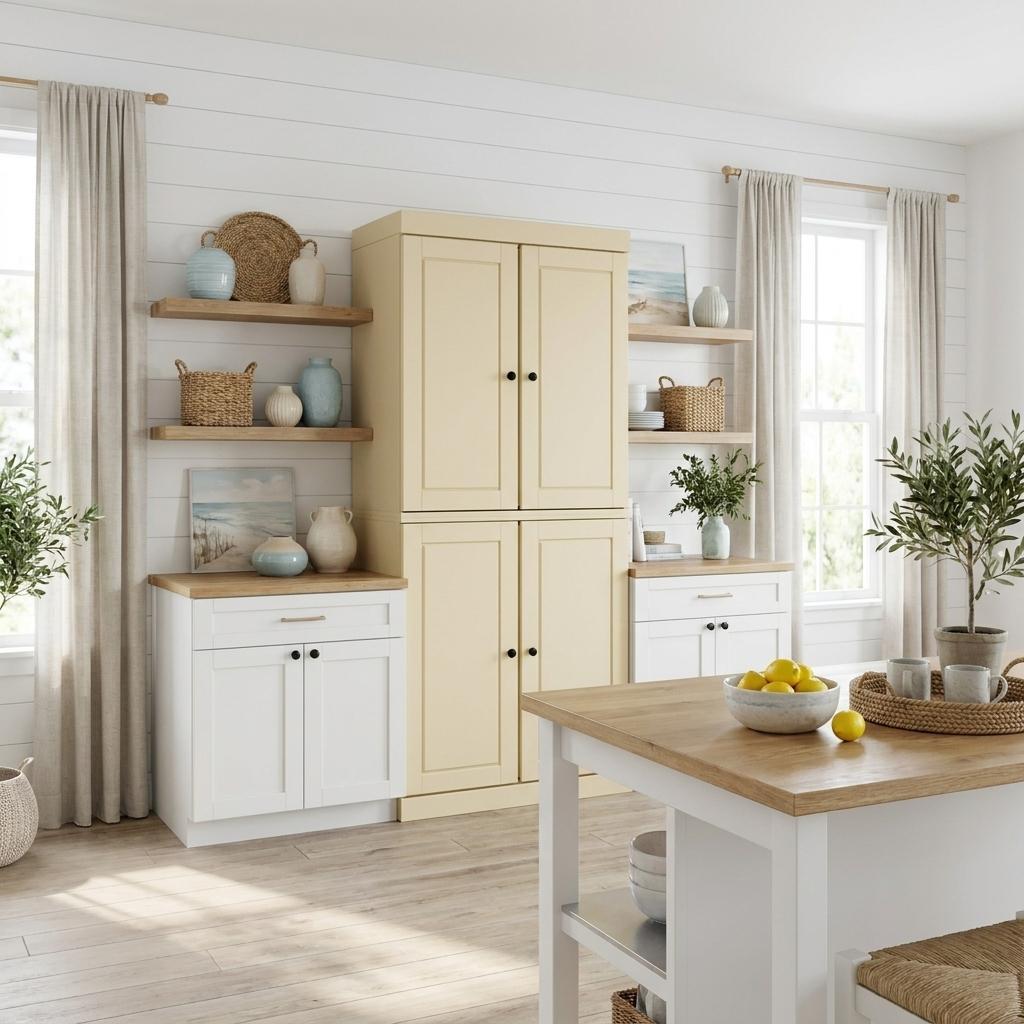 72" Yellow Solid Wood Four Door Two Drawer Pantry Or Storage Closet