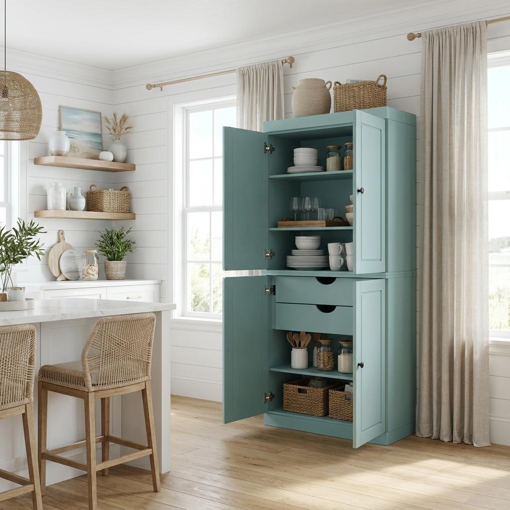 72" Aqua Solid Wood Four Door Two Drawer Pantry Or Storage Closet