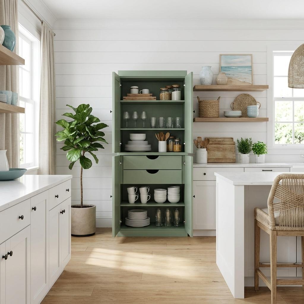 72" Sage Solid Wood Four Door Two Drawer Pantry Or Storage Closet