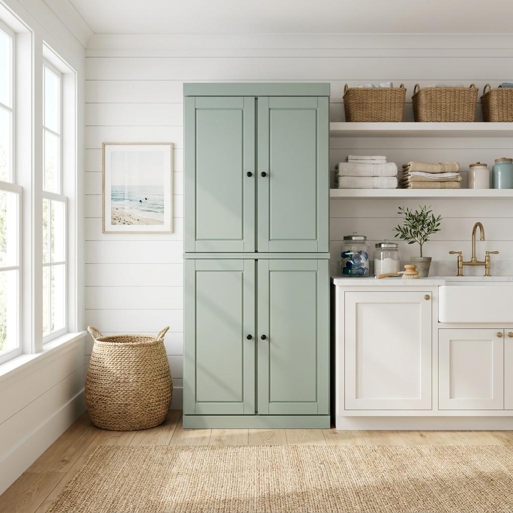 72" Sage Solid Wood Four Door Two Drawer Pantry Or Storage Closet