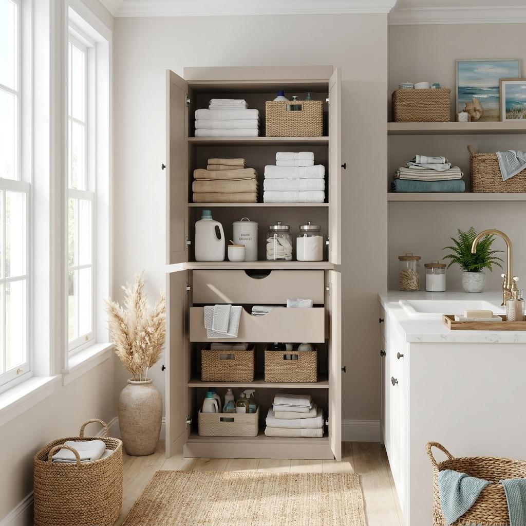 72" Beige Solid Wood Four Door Two Drawer Pantry Or Storage Closet