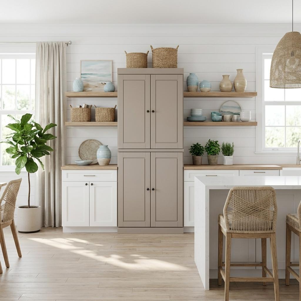 72" Beige Solid Wood Four Door Two Drawer Pantry Or Storage Closet