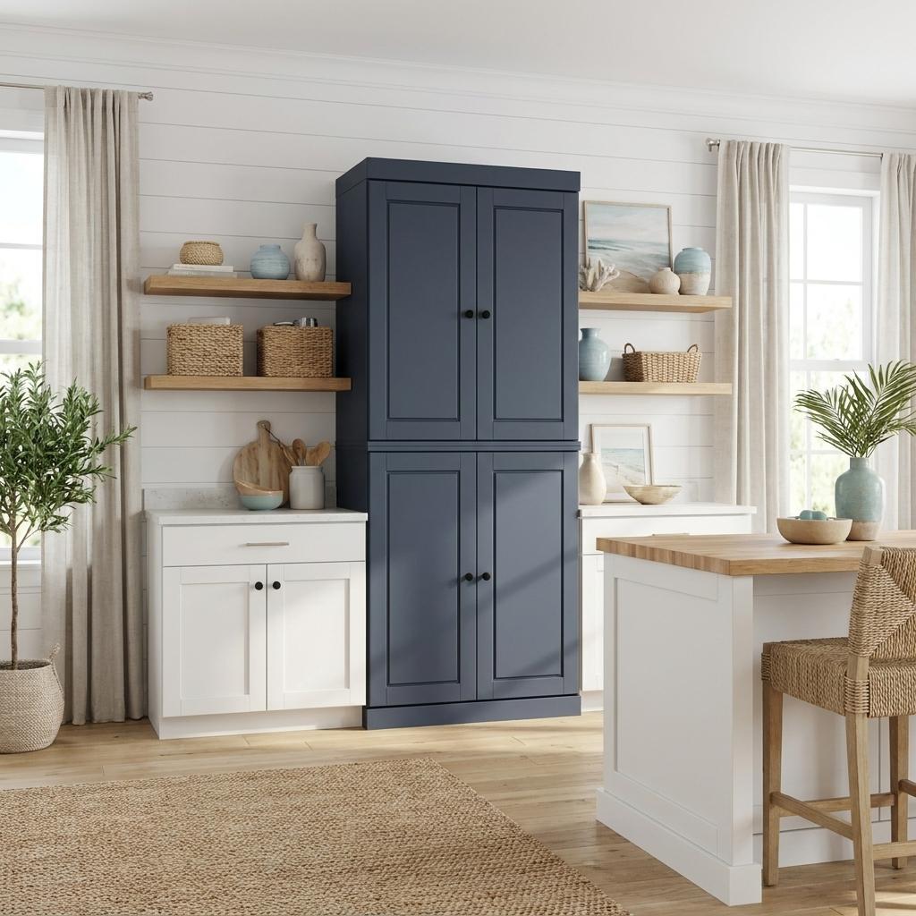 72" French Blue Solid Wood Four Door Two Drawer Pantry Or Storage Closet