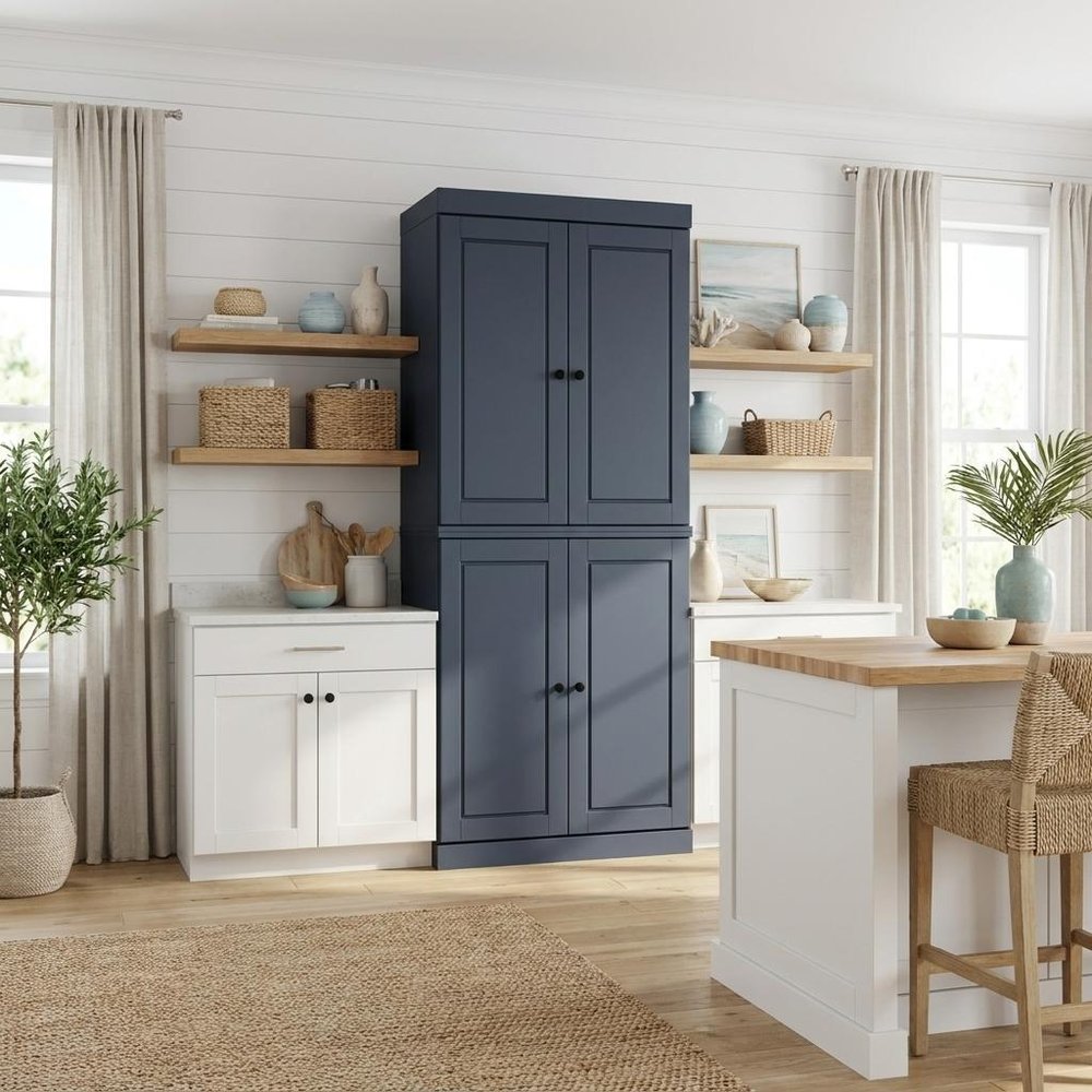 72" White Solid Wood Four Door Two Drawer Pantry Or Storage Closet