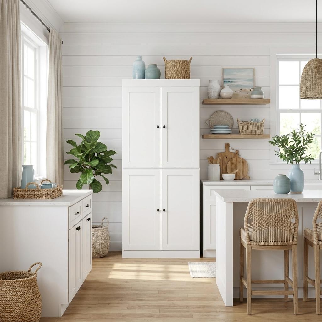 72" White Solid Wood Four Door Two Drawer Pantry Or Storage Closet