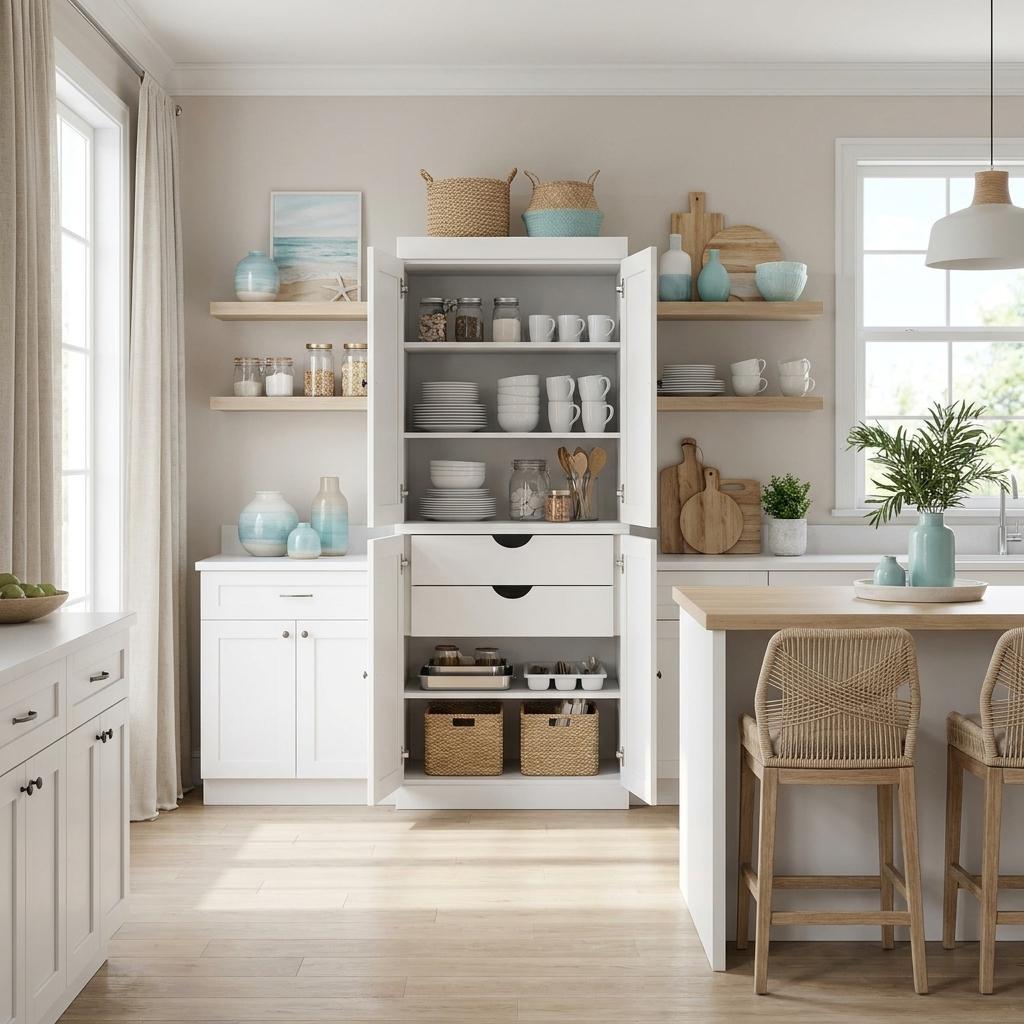 72" White Solid Wood Four Door Two Drawer Pantry Or Storage Closet