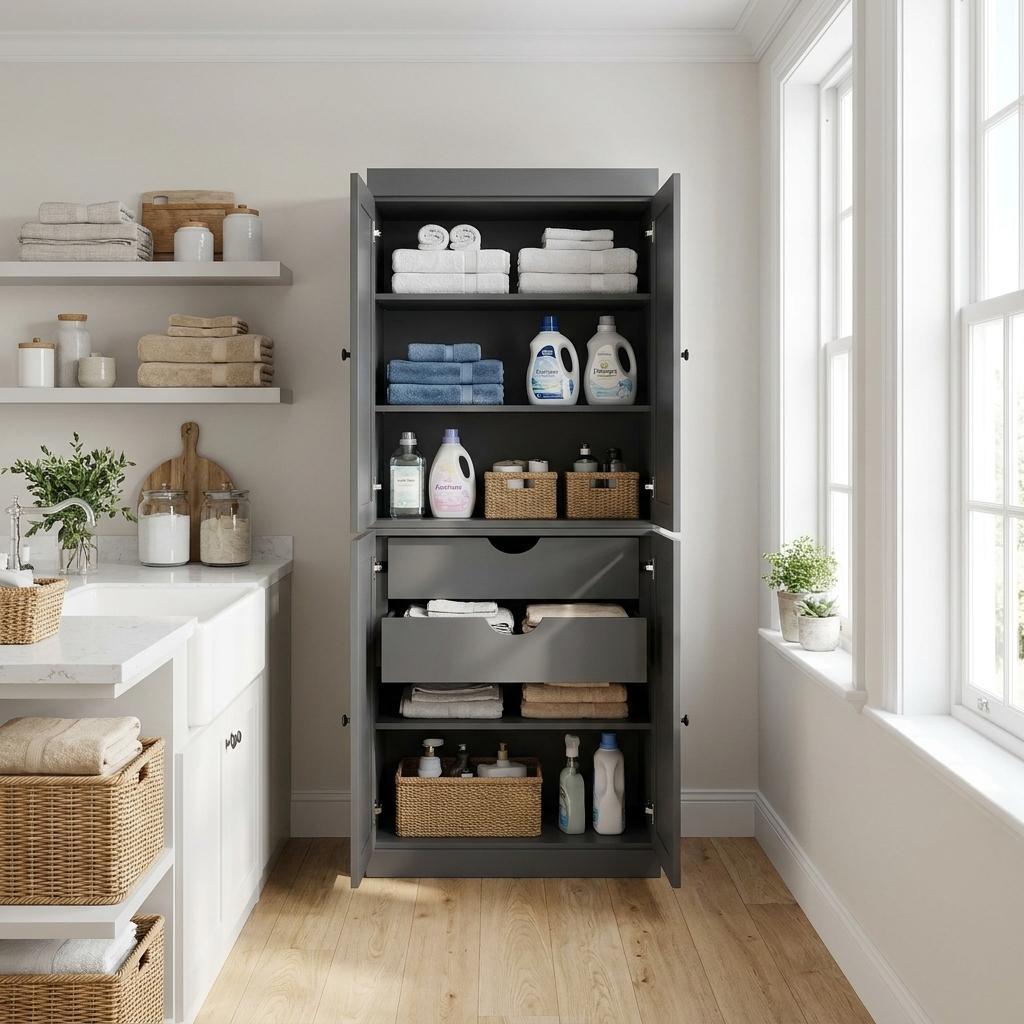 72" Gray Solid Wood Four Door Two Drawer Pantry Or Storage Closet