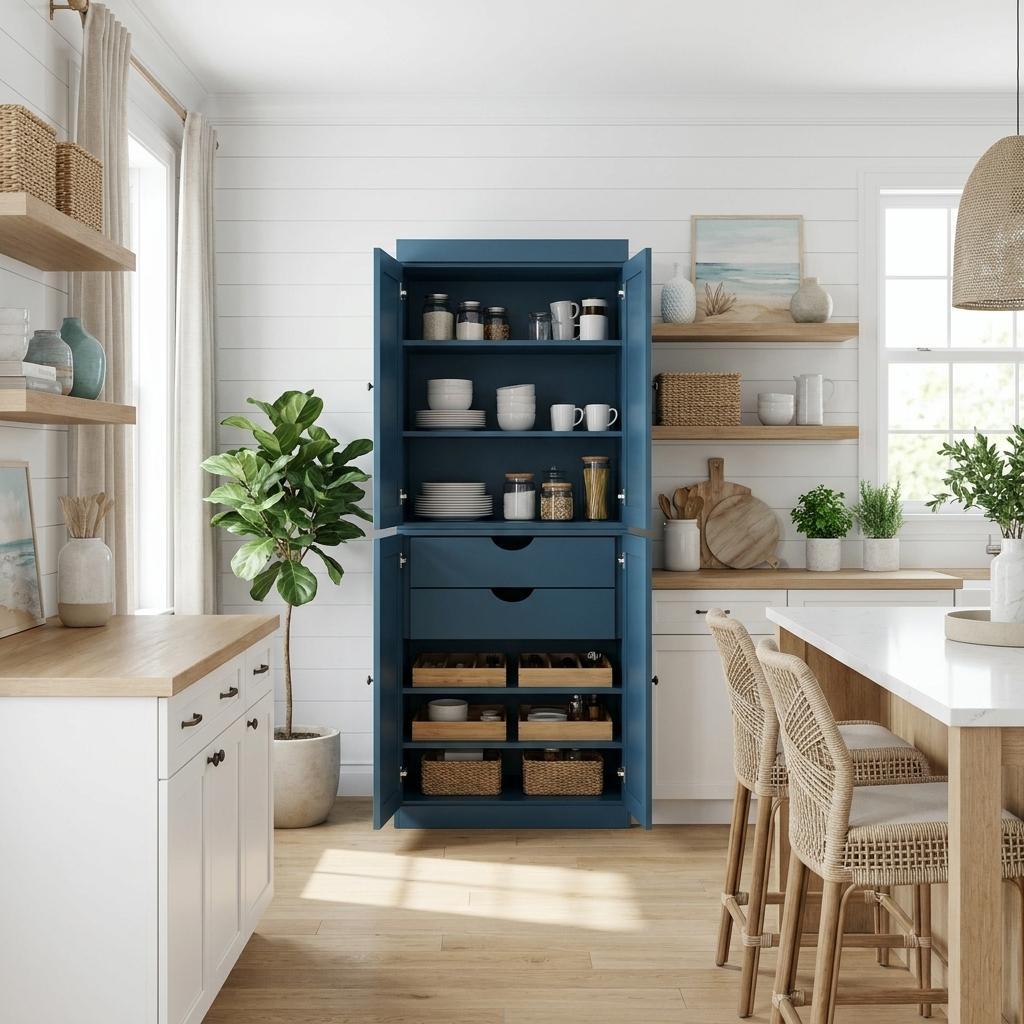 72" Teal Blue Solid Wood Four Door Two Drawer Pantry Or Storage Closet