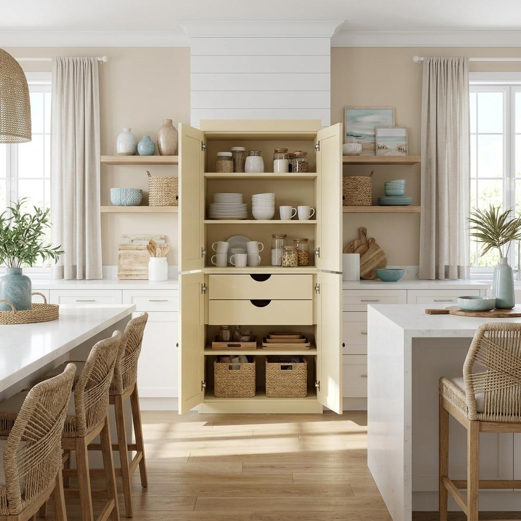 72" Yellow Solid Wood Four Door Two Drawer Pantry Or Storage Closet