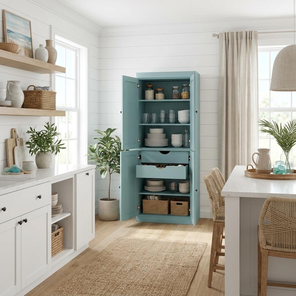 72" Aqua Solid Wood Four Door Two Drawer Pantry Or Storage Closet