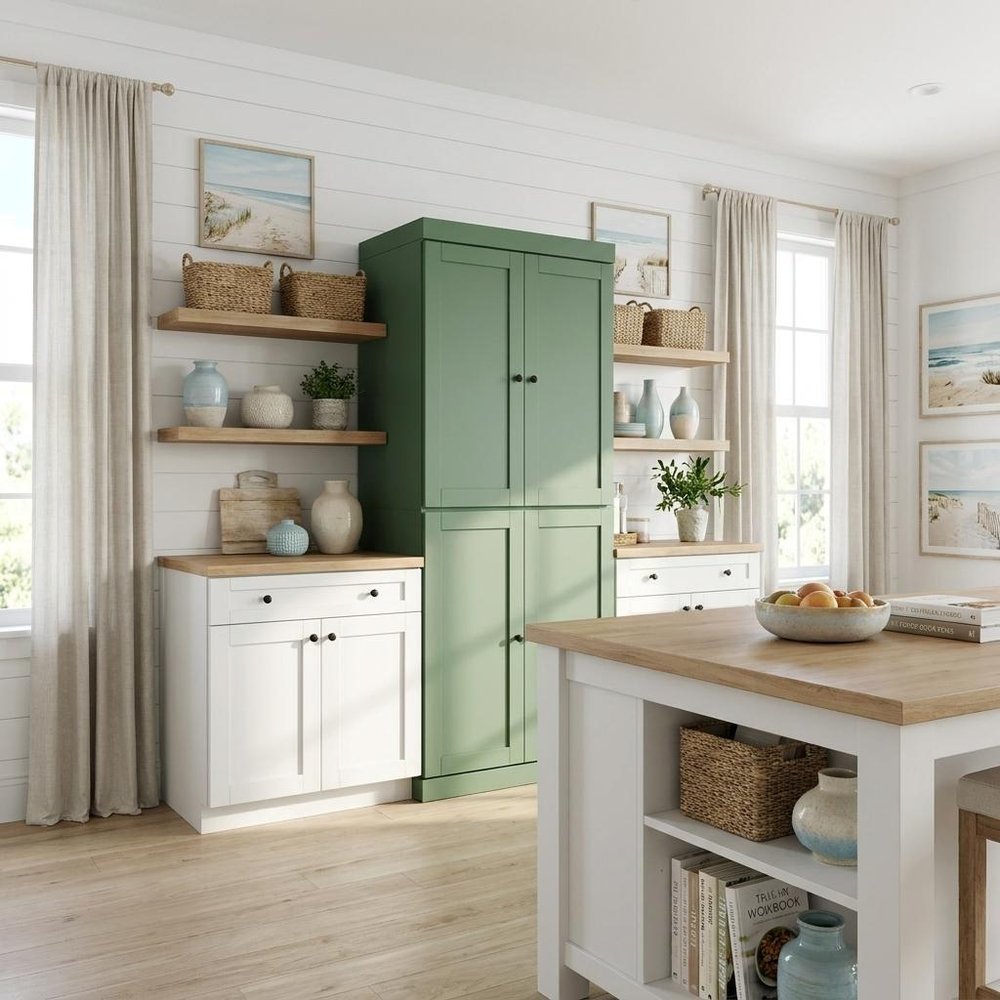72" White Solid Wood Four Door Two Drawer Pantry Or Storage Closet