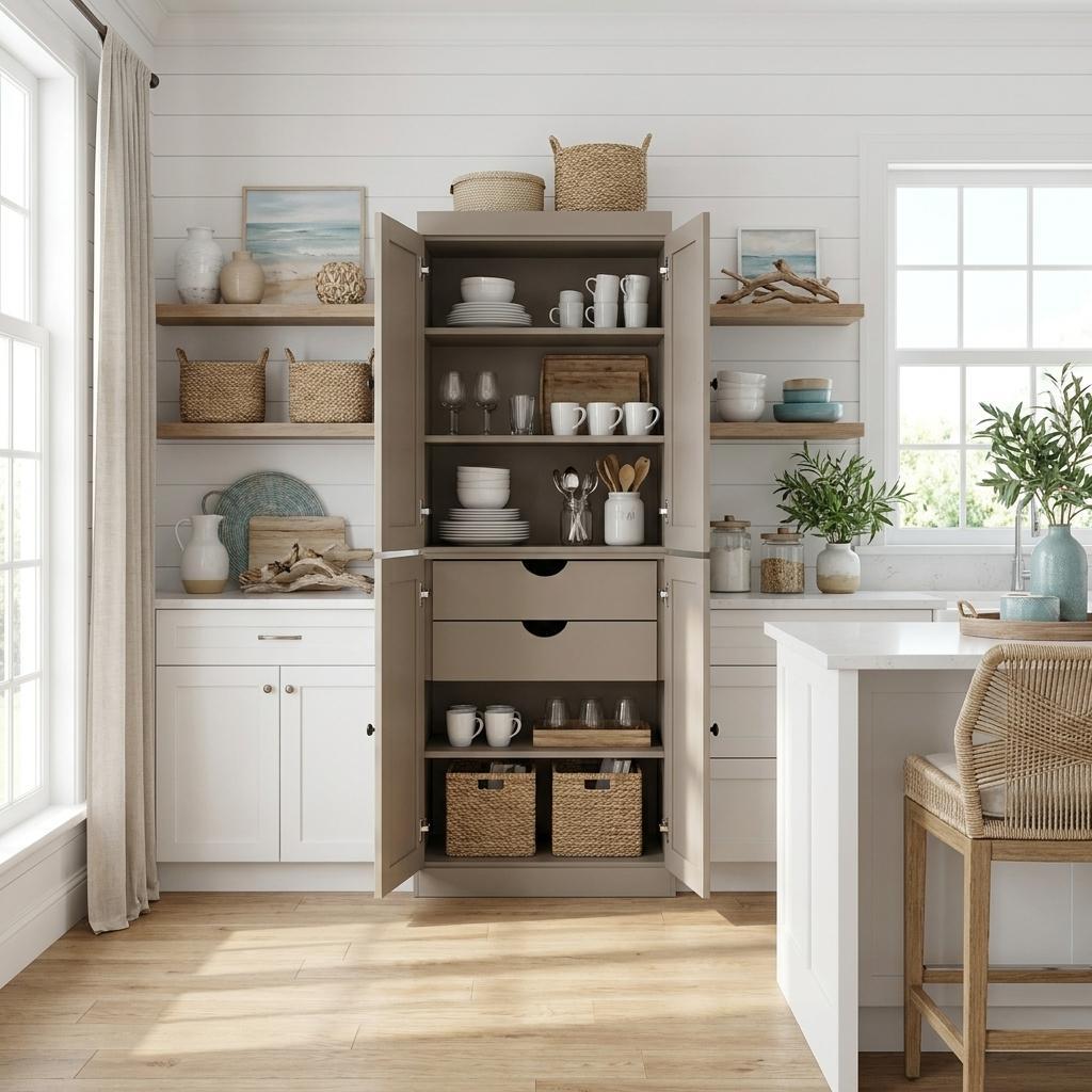 72" Beige Solid Wood Four Door Two Drawer Pantry Or Storage Closet