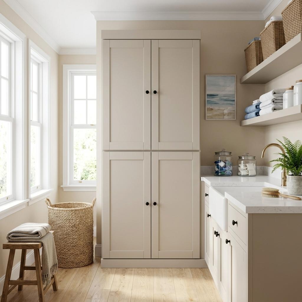 72" Beige Solid Wood Four Door Two Drawer Pantry Or Storage Closet