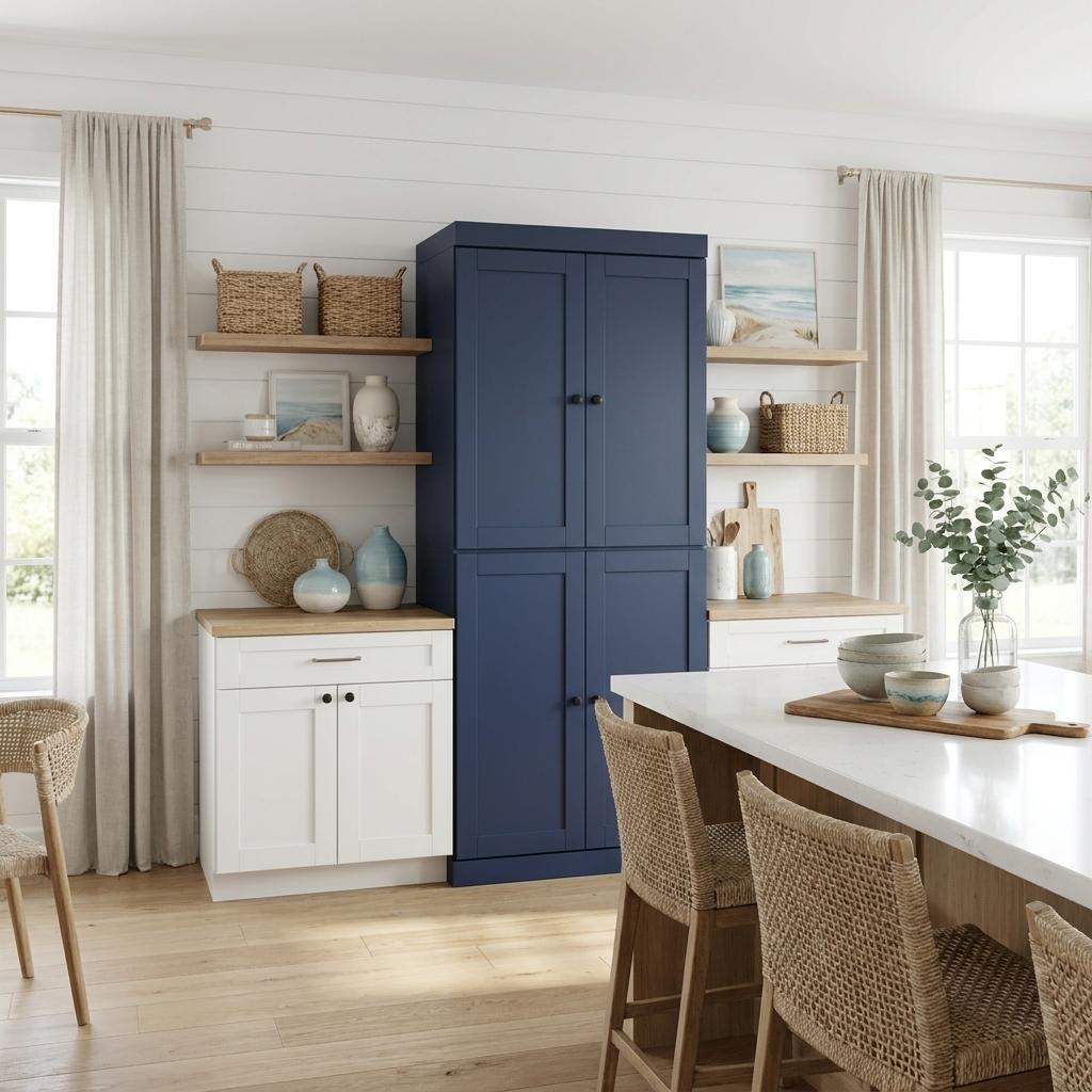 72" Navy Blue Solid Wood Four Door Two Drawer Pantry Or Storage Closet